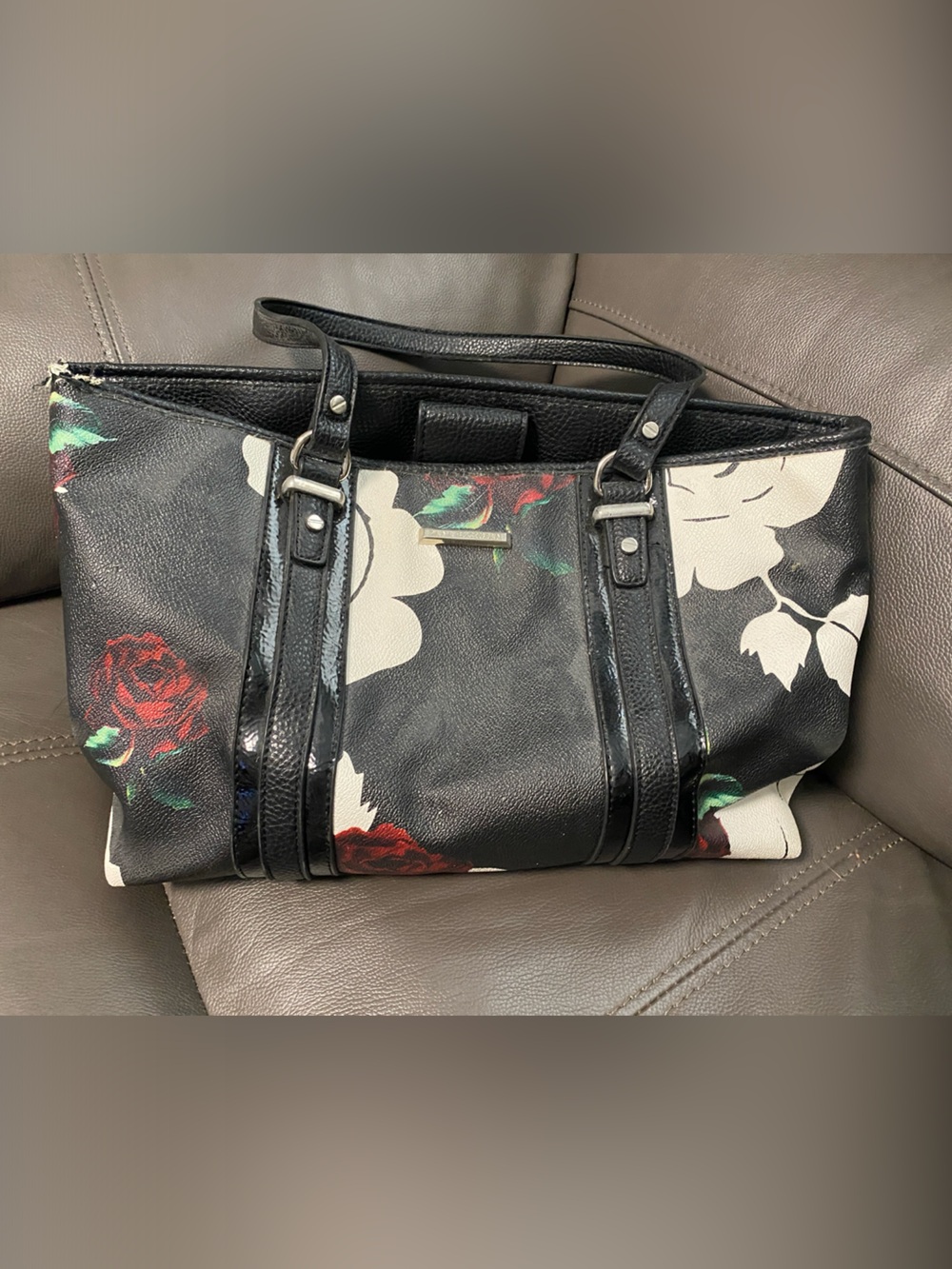Dana Buchman Black Floral Tote with Red Rose Accents